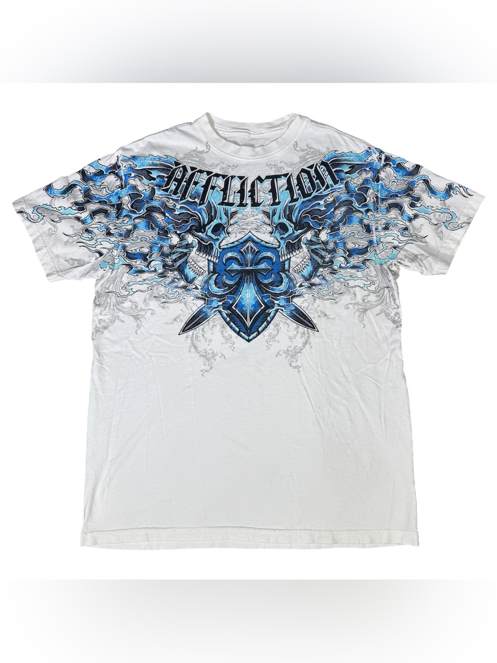Vintage Y2K Affliction Cross Skulls Graphic AOP Tee Shirt Men’s White Blue Large
